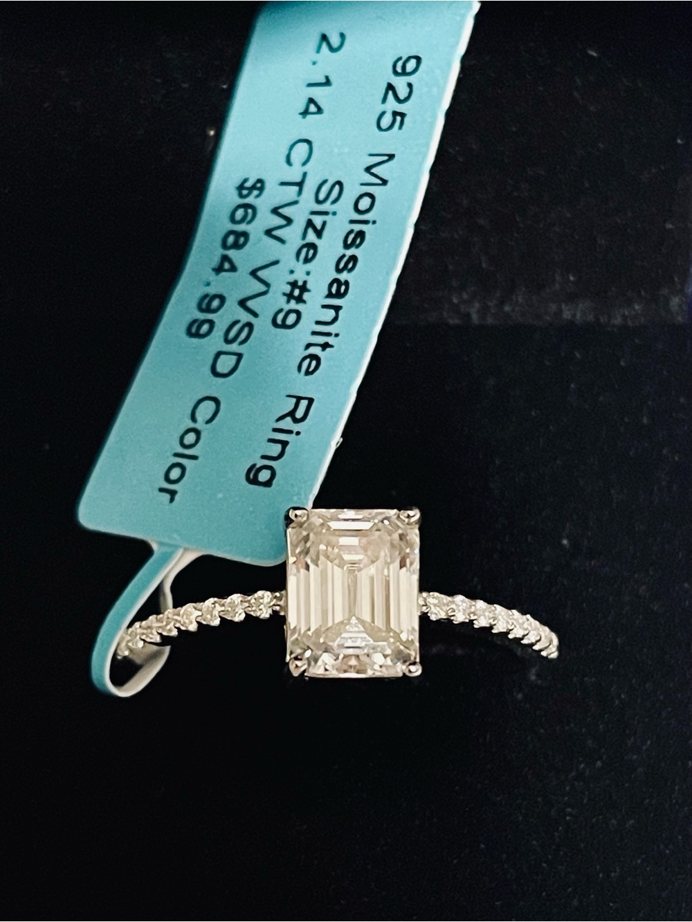 Emerald-Cut Moissanite Solitaire Ring in sterling,sz9,passes diamond tester